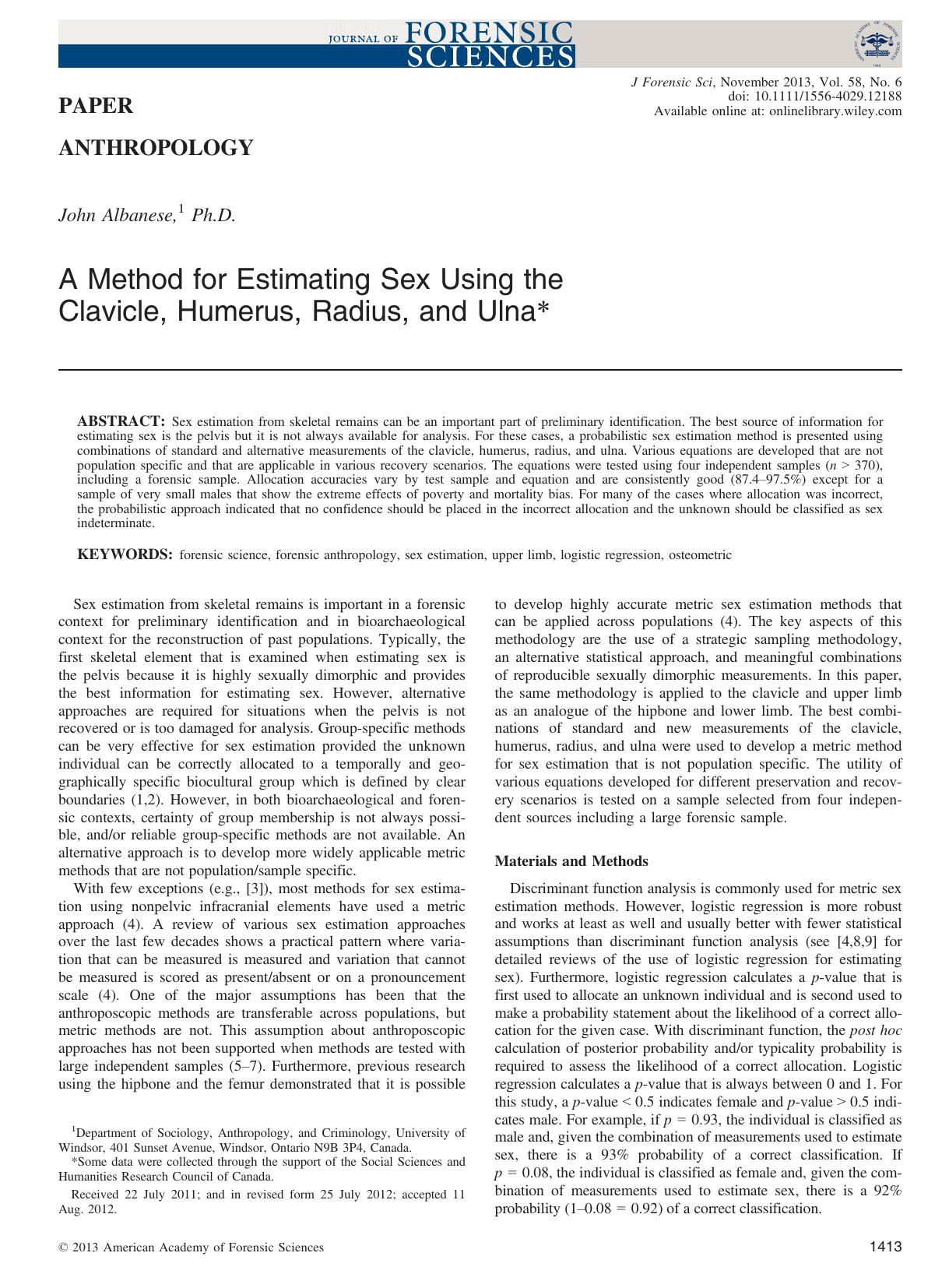 A Method for Estimating Sex Using the Clavicle, Humerus, Radius, and Ulna by Unknown