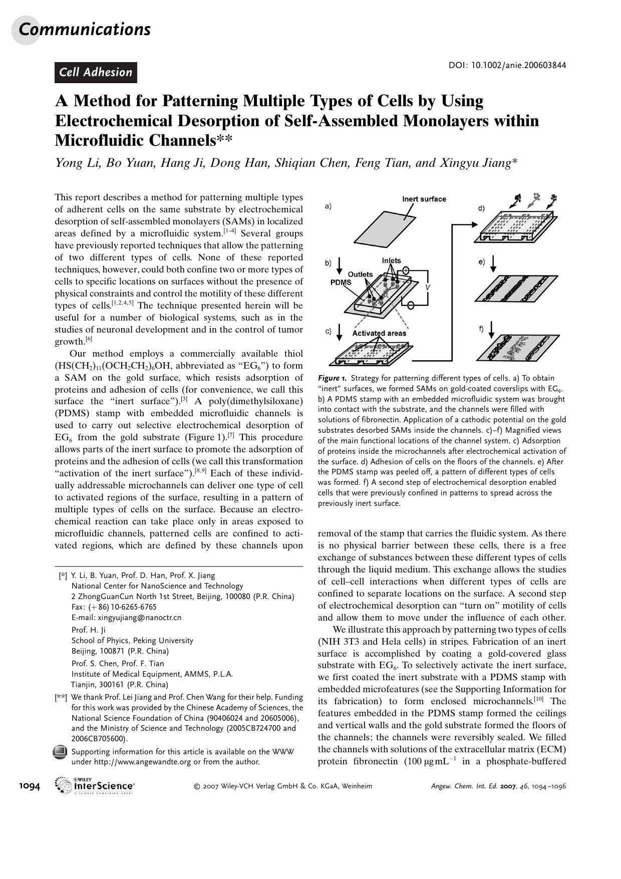 A Method for Patterning Multiple Types of Cells by Using Electrochemical Desorption of Self-Assembled Monolayers within Microfluidic Channels by Unknown