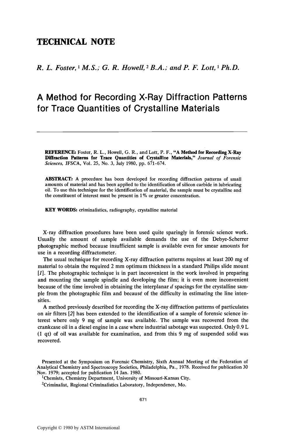 A Method for Recording X-Ray Diffraction Patterns for Trace Quantities of Crystalline Materials by Foster RL Howell GR Lott PF