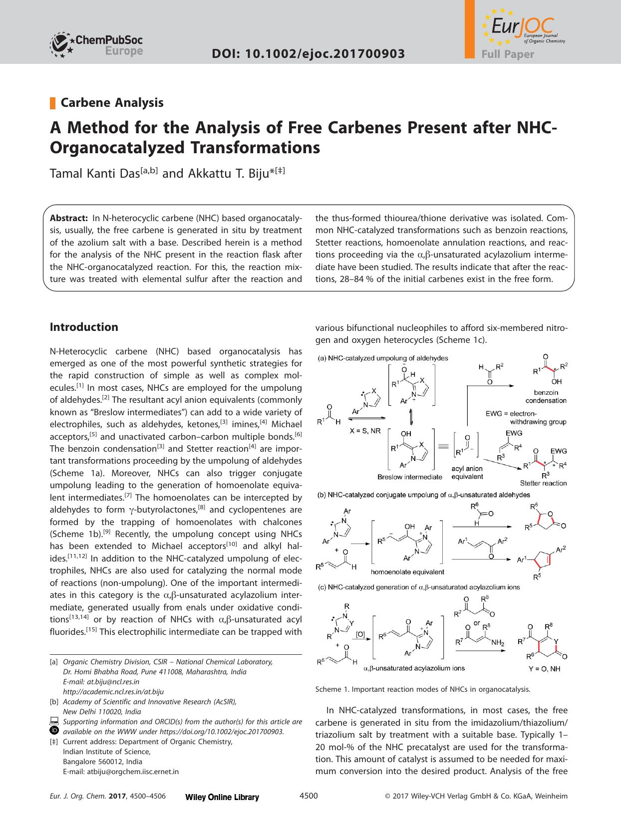 A Method for the Analysis of Free Carbenes Present after NHC‐Organocatalyzed Transformations by Unknown