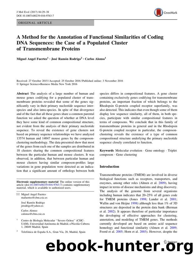 A Method for the Annotation of Functional Similarities of Coding DNA Sequences: the Case of a Populated Cluster of Transmembrane Proteins by Miguel Angel Fuertes & José Ramón Rodrigo & Carlos Alonso