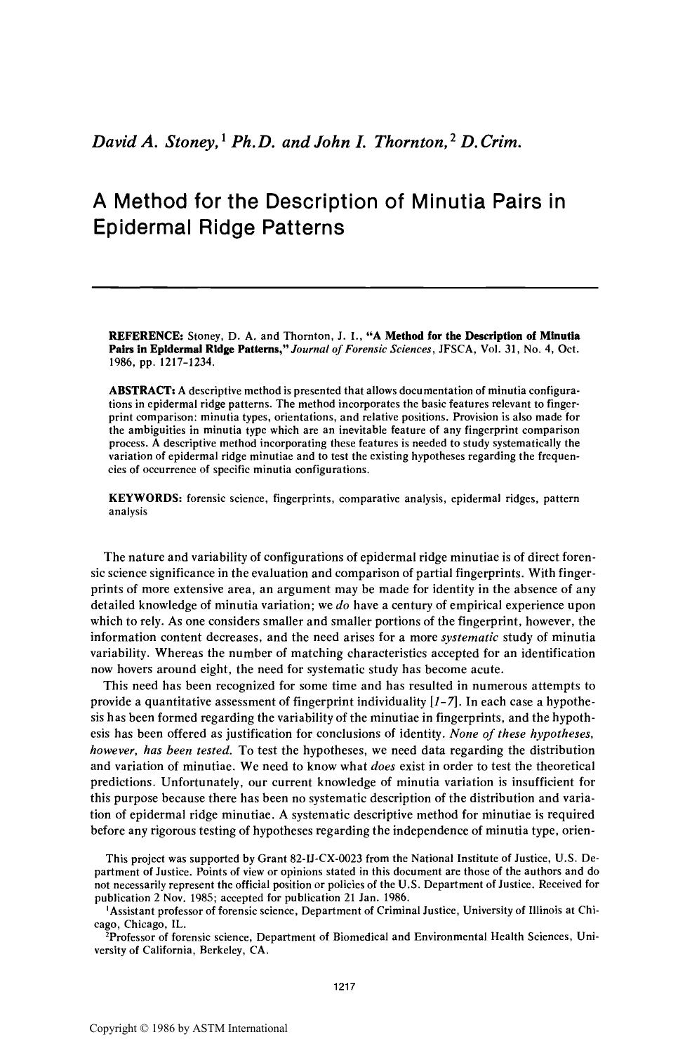 A Method for the Description of Minutia Pairs in Epidermal Ridge Patterns by Stoney DA Thornton JI