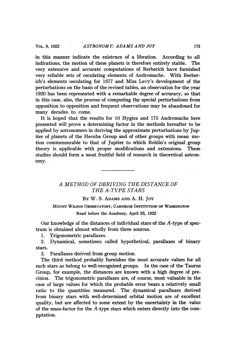 A Method of Deriving the Distance of the A-Type Stars by Adams W. S. Joy A. H