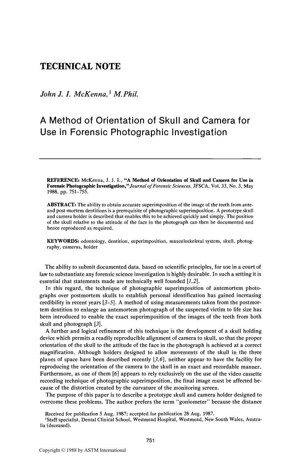 A Method of Orientation of Skull and Camera for Use in Forensic Photographic Investigation by McKenna JJI