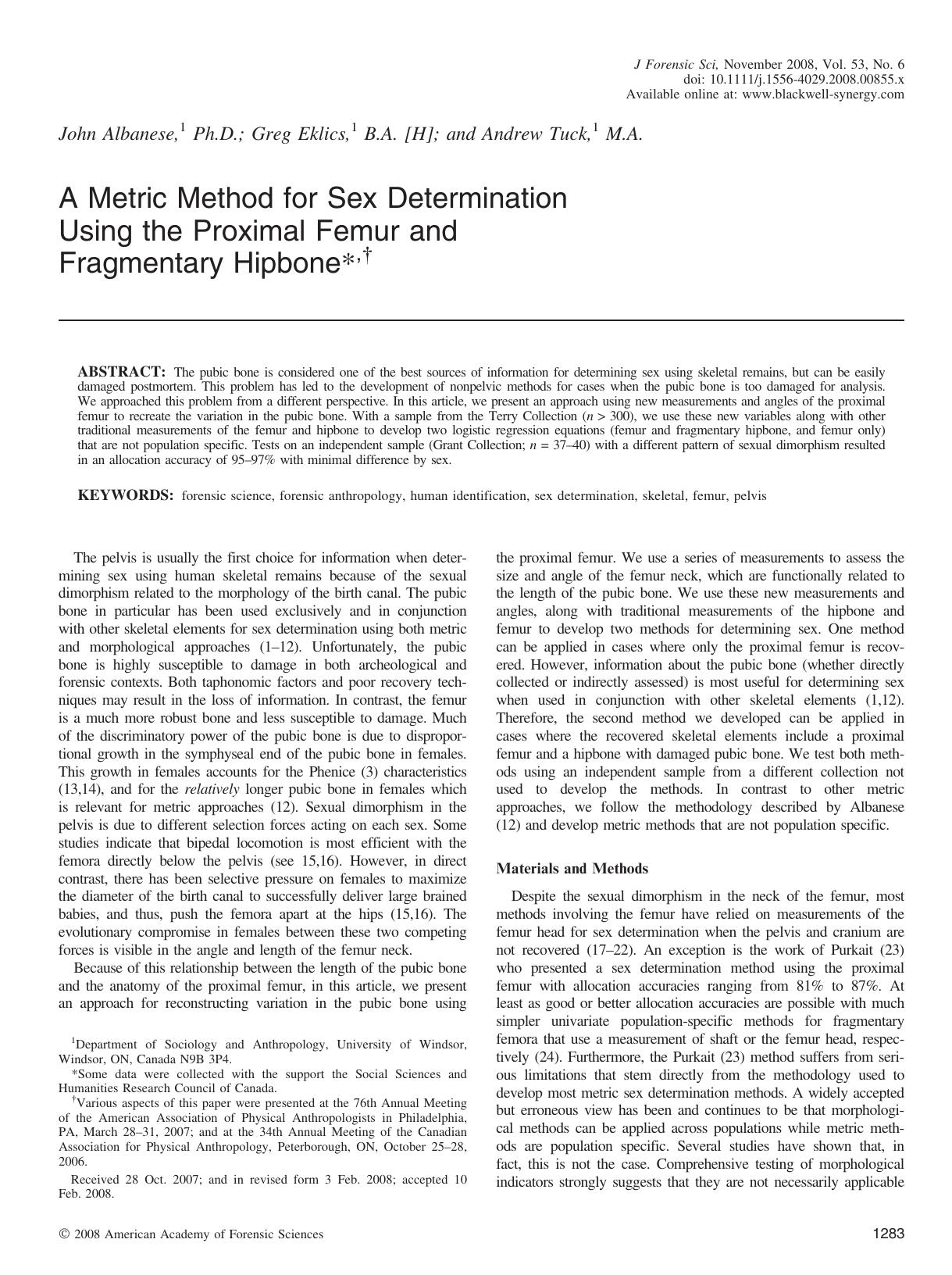A Metric Method for Sex Determination Using the Proximal Femur and Fragmentary Hipbone*,â  by Unknown