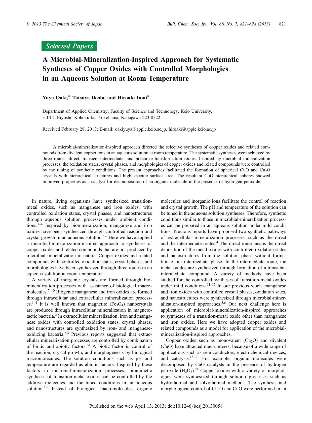 A Microbial-Mineralization-Inspired Approach for Systematic Syntheses of Copper Oxides with Controlled Morphologies in an Aqueous Solution at Room Temperature by Yuya Oaki Tatsuya Ikeda Hiroaki Imai