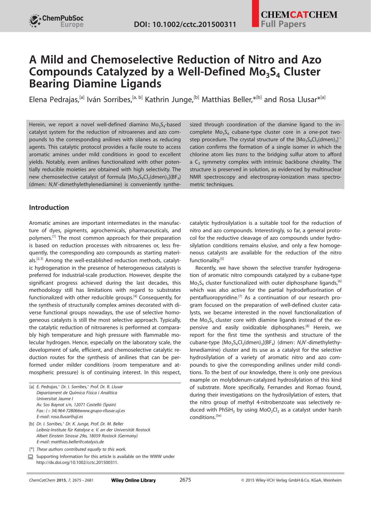 A Mild and Chemoselective Reduction of Nitro and Azo Compounds Catalyzed by a WellDefined Mo3S4 Cluster Bearing Diamine Ligands by Unknown