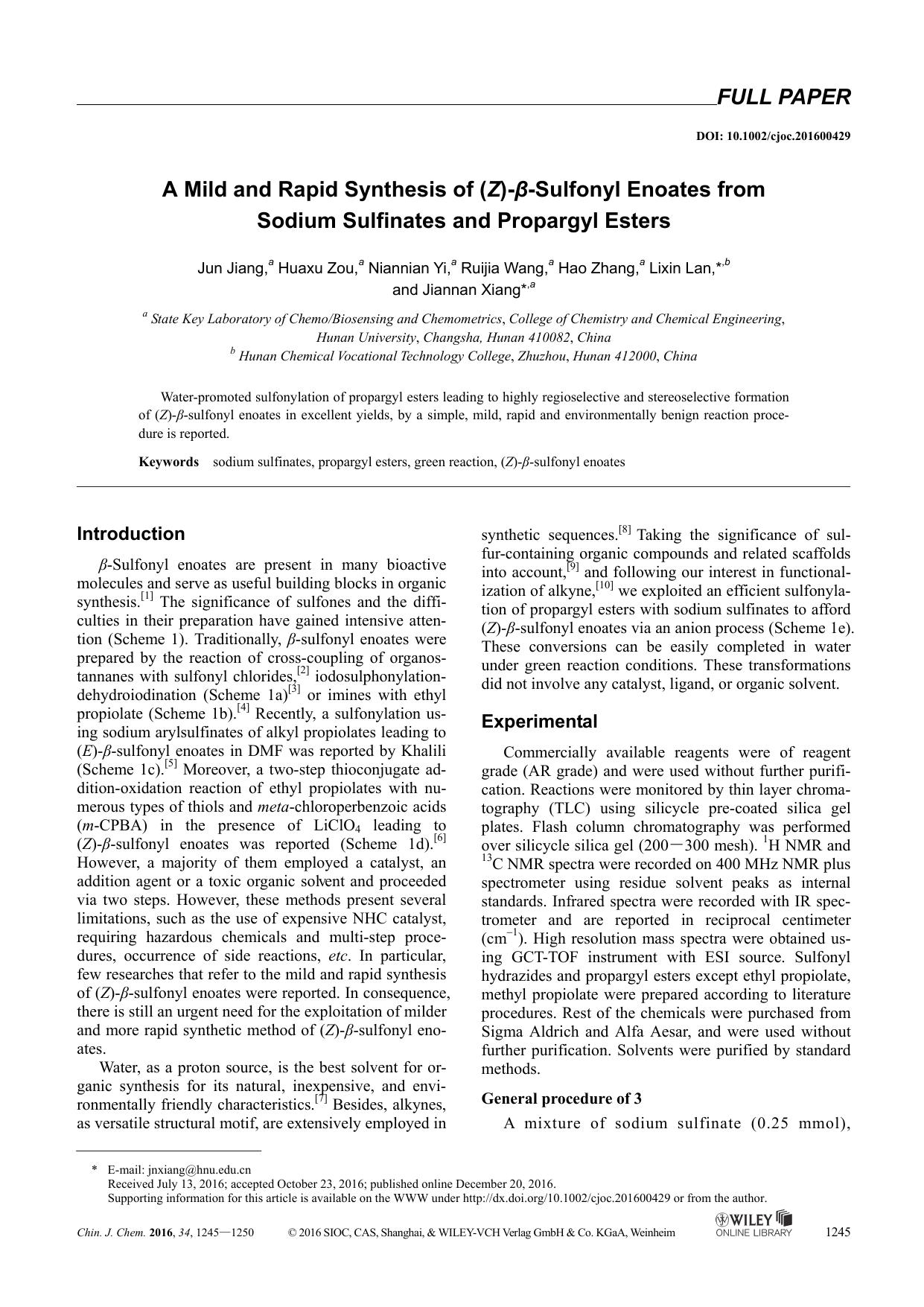 A Mild and Rapid Synthesis of (Z)Sulfonyl Enoates from Sodium Sulfinates and Propargyl Esters by Administrator