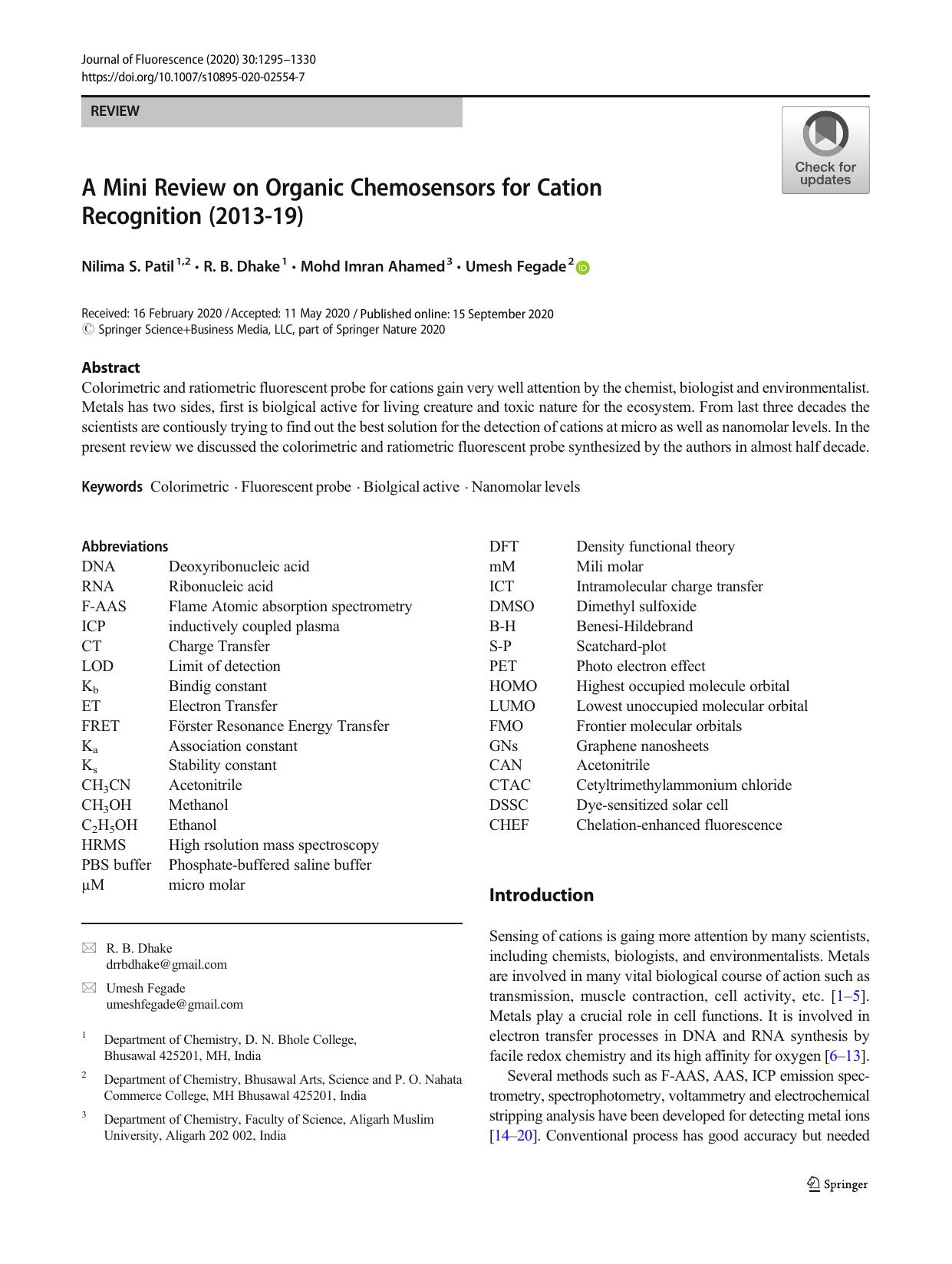 A Mini Review on Organic Chemosensors for Cation Recognition (2013-19) by Nilima S. Patil & R. B. Dhake & Mohd Imran Ahamed & Umesh Fegade