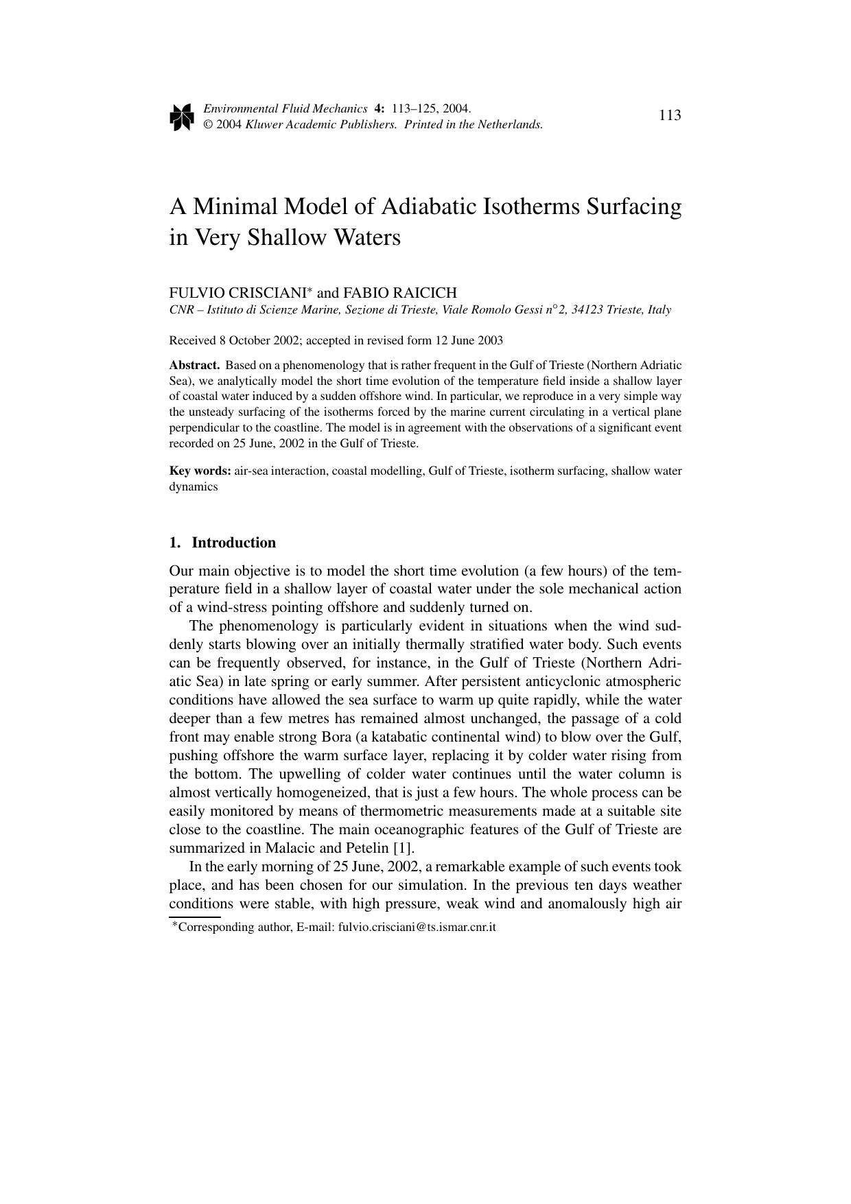 A Minimal Model of Adiabatic Isotherms Surfacing in Very Shallow Waters by Unknown