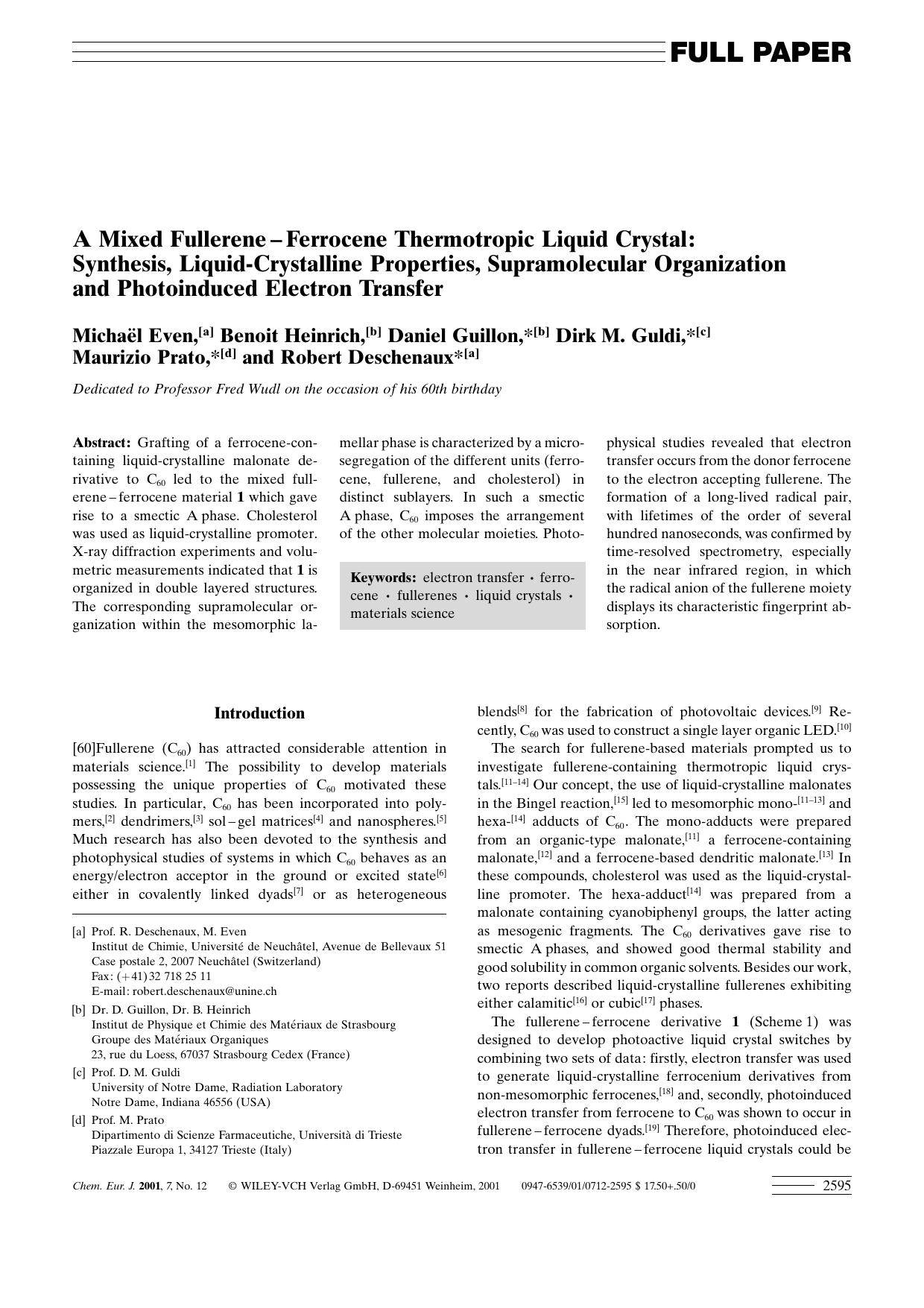 A Mixed Fullerene-Ferrocene Thermotropic Liquid Crystal: Synthesis, Liquid-Crystalline Properties, Supramolecular Organization and Photoinduced Electron Transfer by Unknown