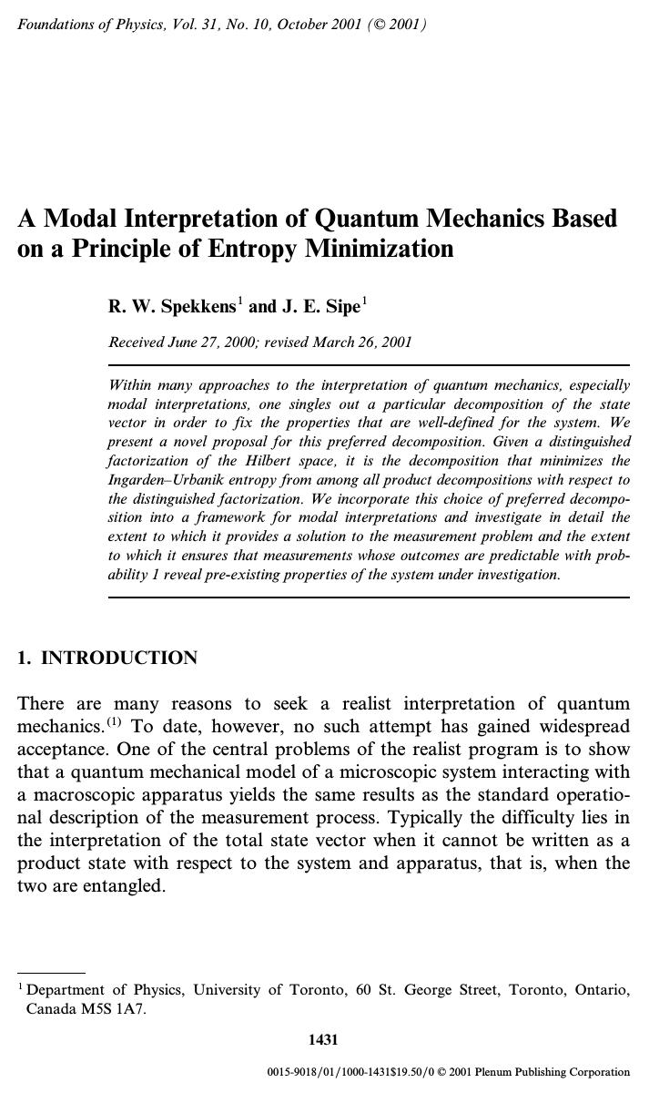 A Modal Interpretation of Quantum Mechanics Based on a Principle of Entropy Minimization by Unknown