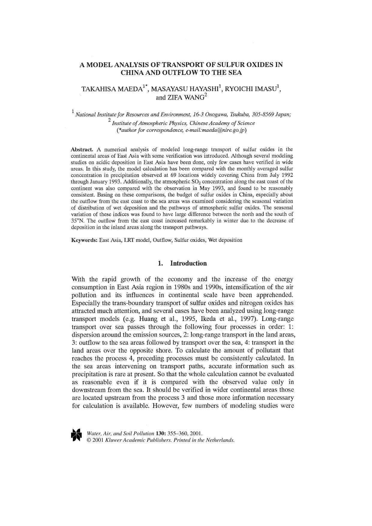 A Model Analysis of Transport of Sulfur Oxides in China and Outflow to the Sea by Unknown