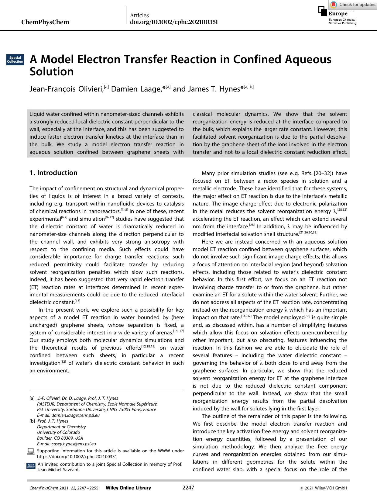 A Model Electron Transfer Reaction in Confined Aqueous Solution by Unknown