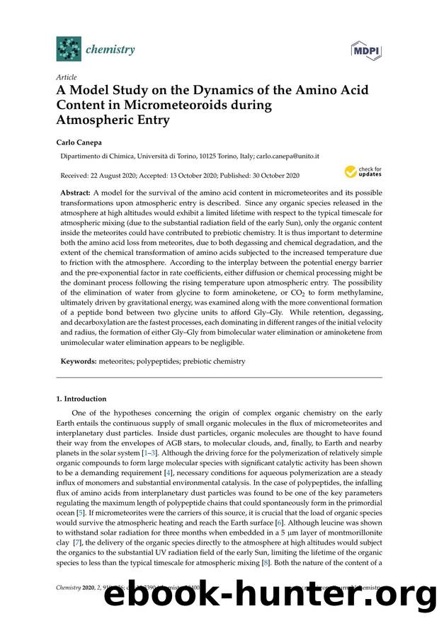 A Model Study on the Dynamics of the Amino Acid Content in Micrometeoroids during Atmospheric Entry by Carlo Canepa