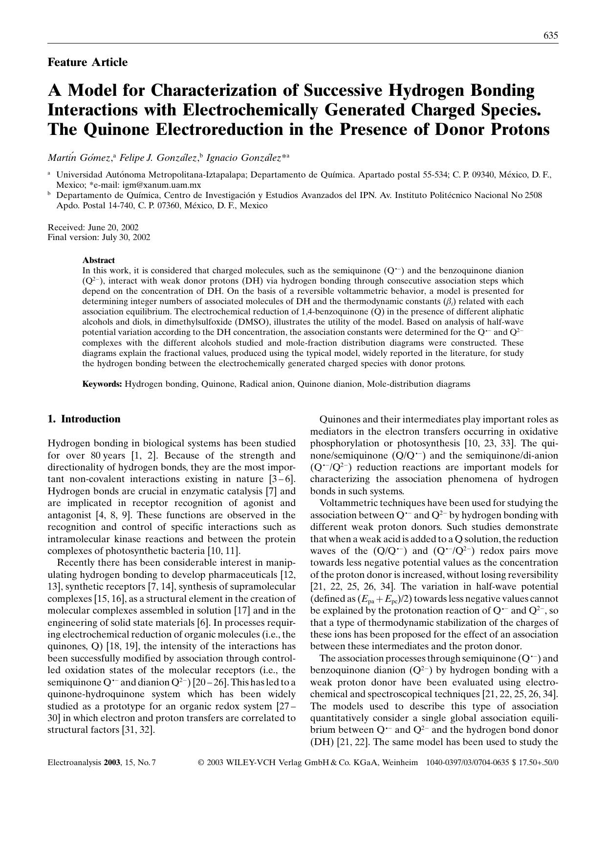 A Model for Characterization of Successive Hydrogen Bonding Interactions with Electrochemically Generated Charged Species. The Quinone Electroreduction in the Presence of Donor Protons by Unknown