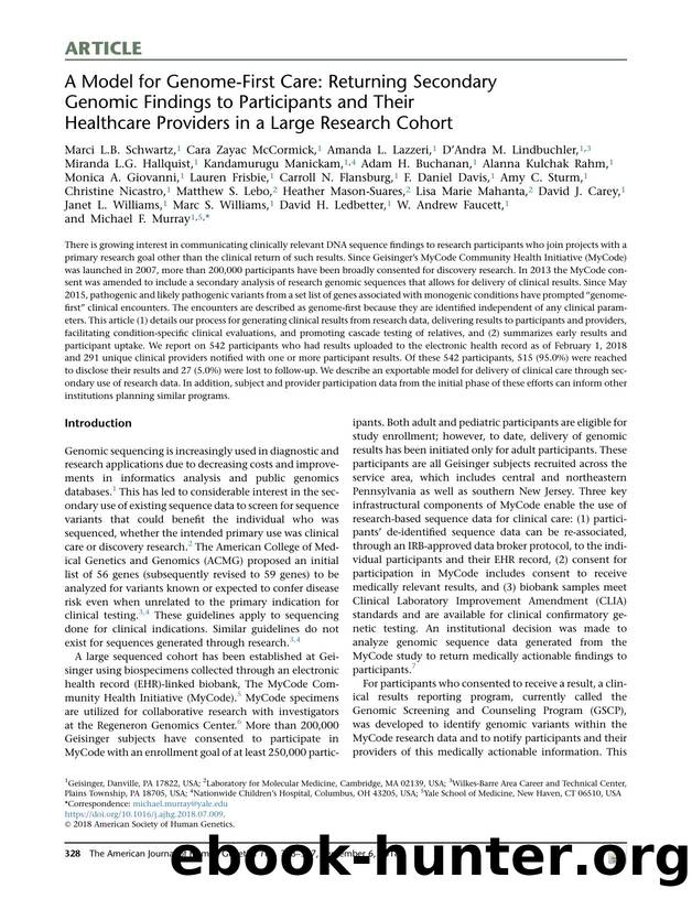 A Model for Genome-First Care: Returning Secondary Genomic Findings to Participants and Their Healthcare Providers in a Large Research Cohort by unknow