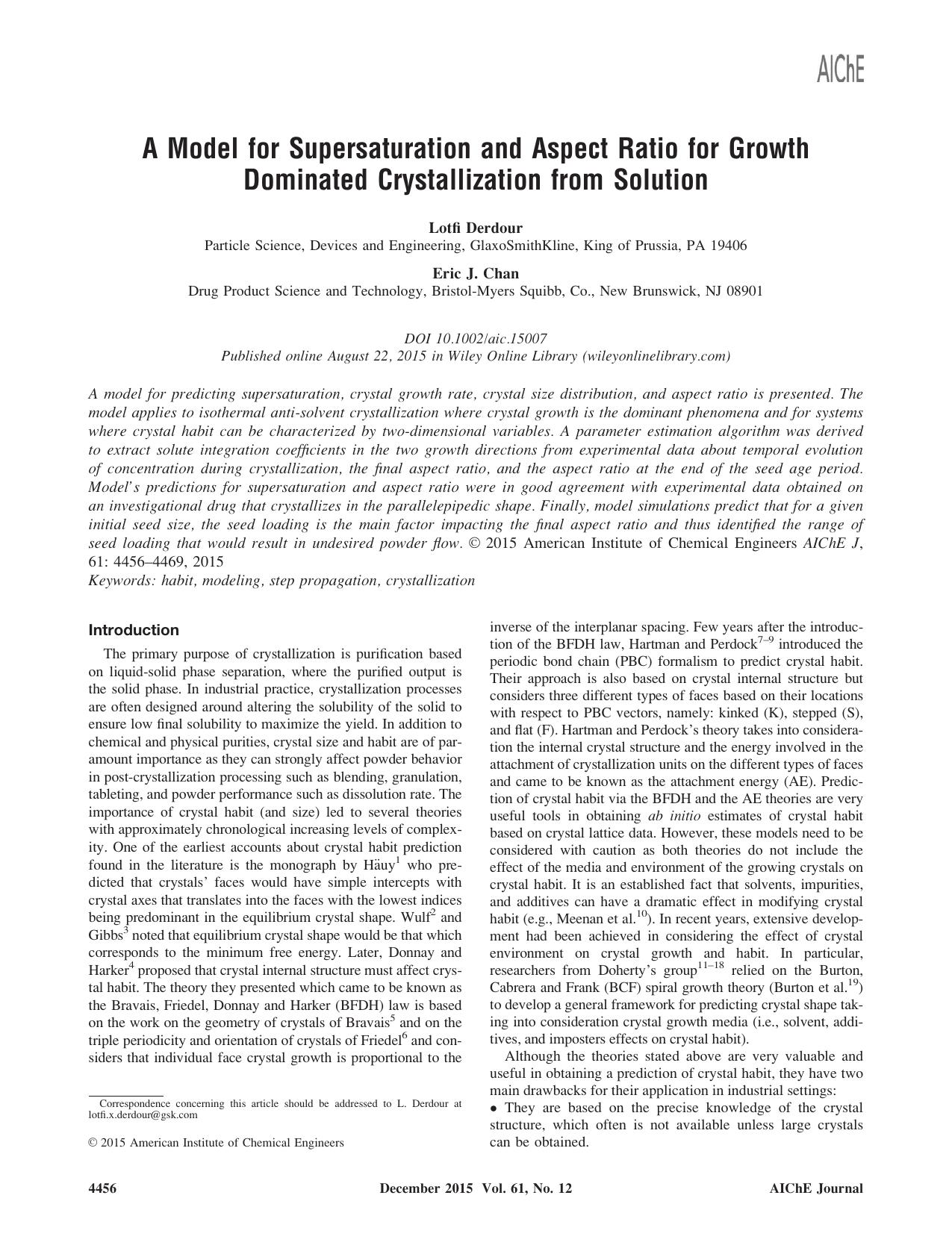A Model for Supersaturation and Aspect Ratio for Growth Dominated Crystallization from Solution by Unknown