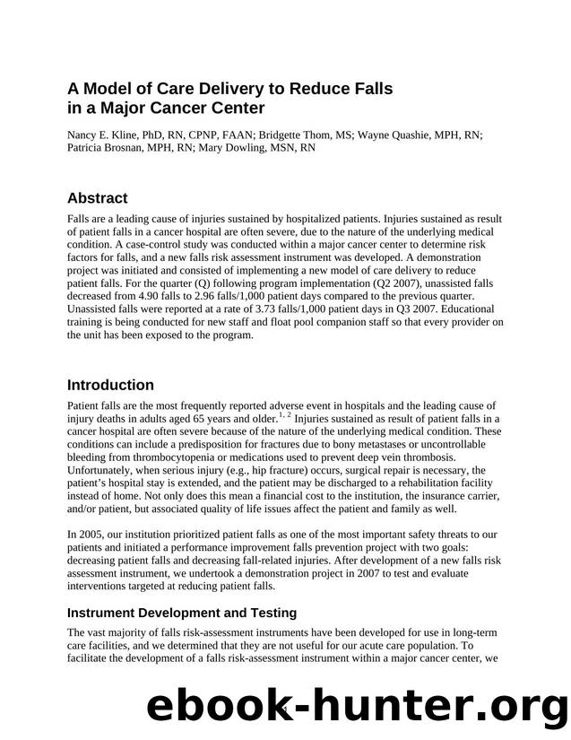A Model of Care Delivery to Reduce Falls in a Major Cancer Center by Agency for Healthcare Research and Quality