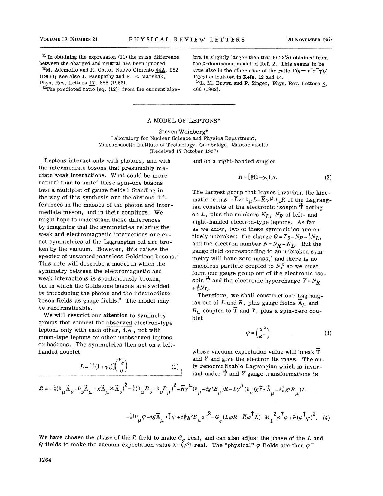 A Model of Leptons by Steven Weinberg
