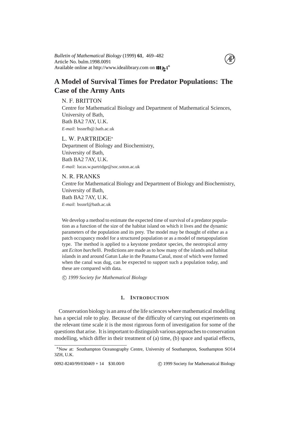A Model of Survival Times for Predator Populations: The Case of the Army Ants by Britton N.F. et al