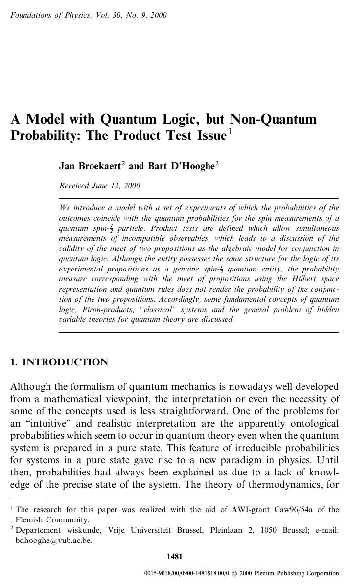 A Model with Quantum Logic, but Non-Quantum Probability: The Product Test Issue by Unknown