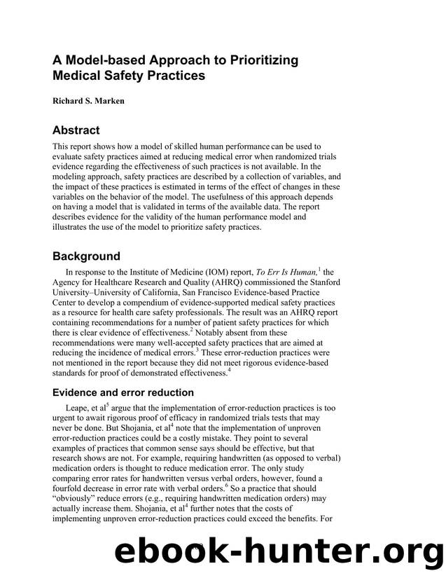 A Model-based Approach to Prioritizing Medical Safety Practices by Unknown