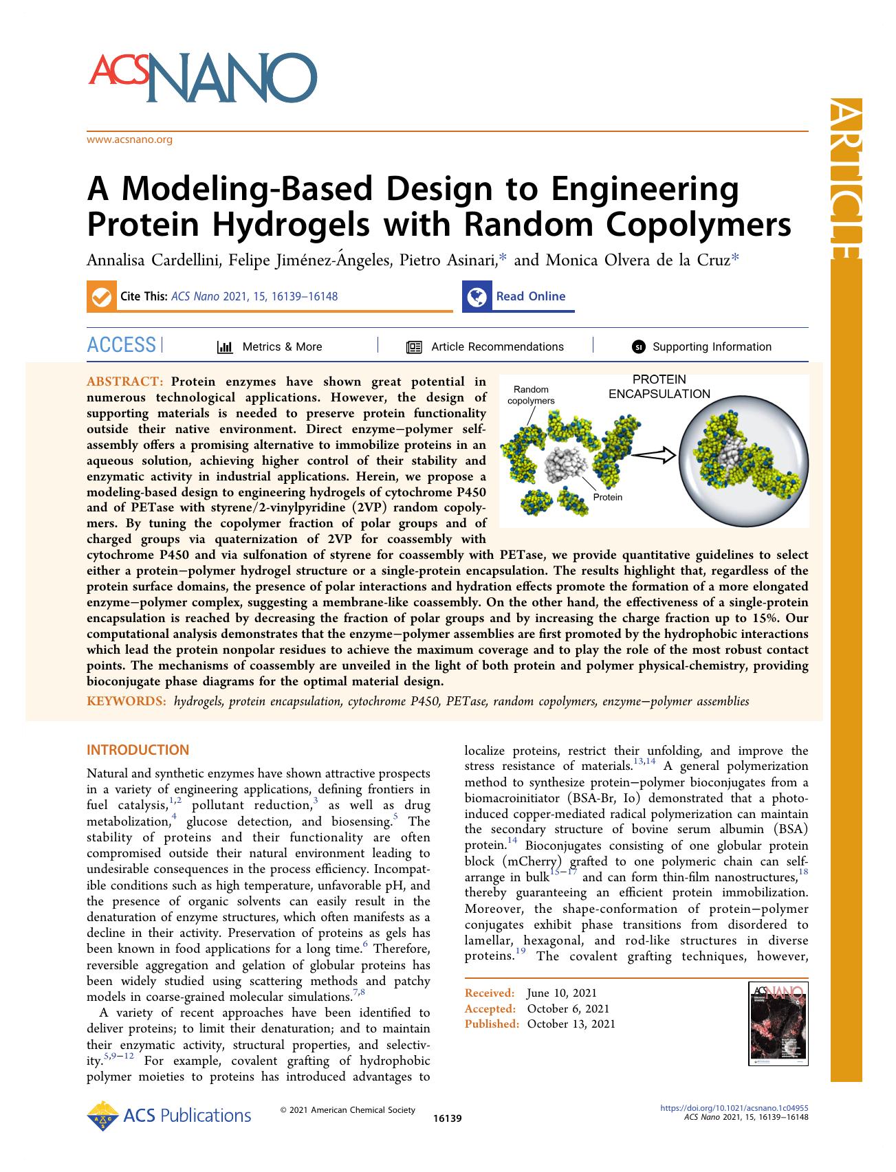 A Modeling-Based Design to Engineering Protein Hydrogels with Random Copolymers by Annalisa Cardellini Felipe Jiménez-Ángeles Pietro Asinari and Monica Olvera de la Cruz