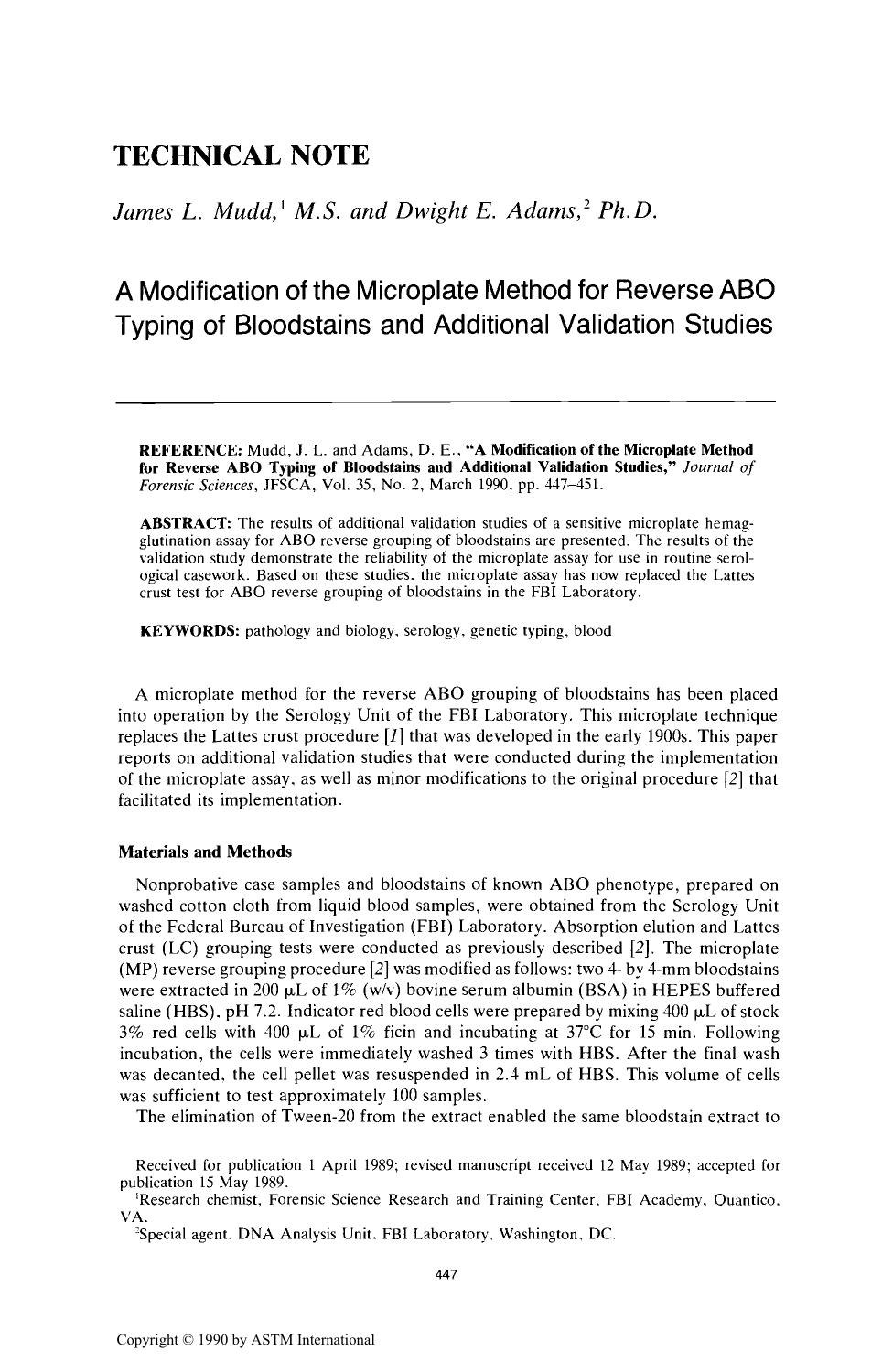 A Modification of the Microplate Method for Reverse ABO Typing of Bloodstains and Additional Validation Studies by Mudd JL Adams DE