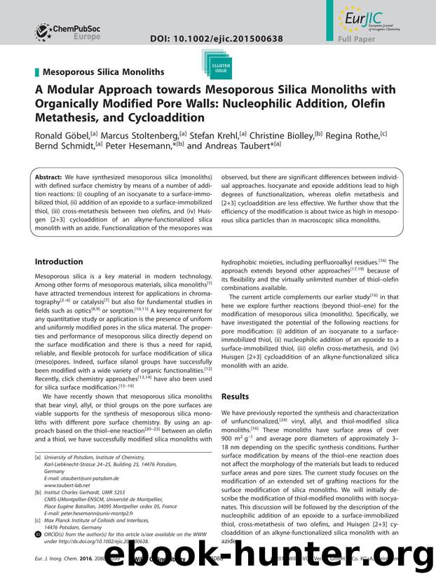 A Modular Approach towards Mesoporous Silica Monoliths with Organically Modified Pore Walls: Nucleophilic Addition, Olefin Metathesis, and Cycloaddition by Unknown