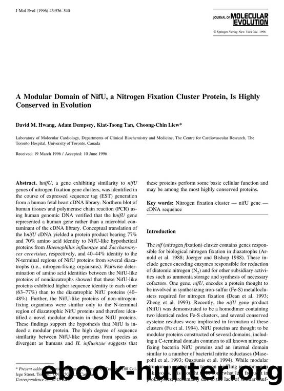 A Modular Domain of NifU, a Nitrogen Fixation Cluster Protein, Is Highly Conserved in Evolution by Hwang D. et al
