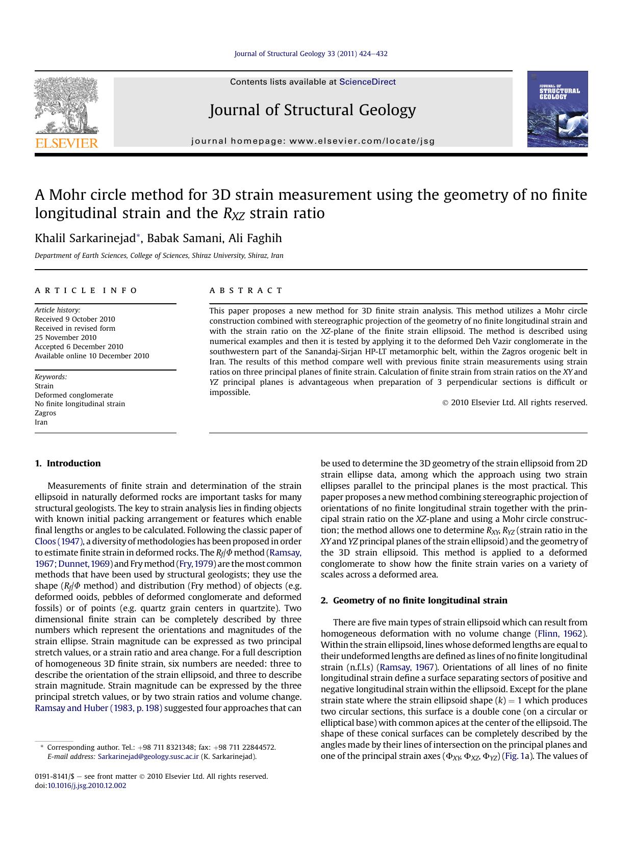 A Mohr circle method for 3D strain measurement using the geometry of no finite longitudinal strain and the RXZ strain ratio by Khalil Sarkarinejad & Babak Samani & Ali Faghih
