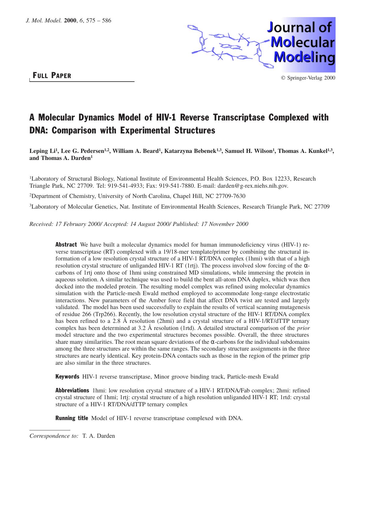 A Molecular Dynamics Model of HIV-1 Reverse Transcriptase Complexed with DNA: Comparison with Experimental Structures by unknow