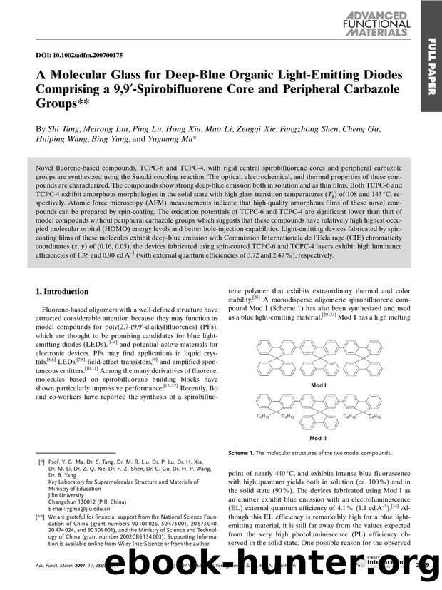 A Molecular Glass for Deep-Blue Organic Light-Emitting Diodes Comprising a 9,9[prime]-Spirobifluorene Core and Peripheral Carbazole Groups by Unknown