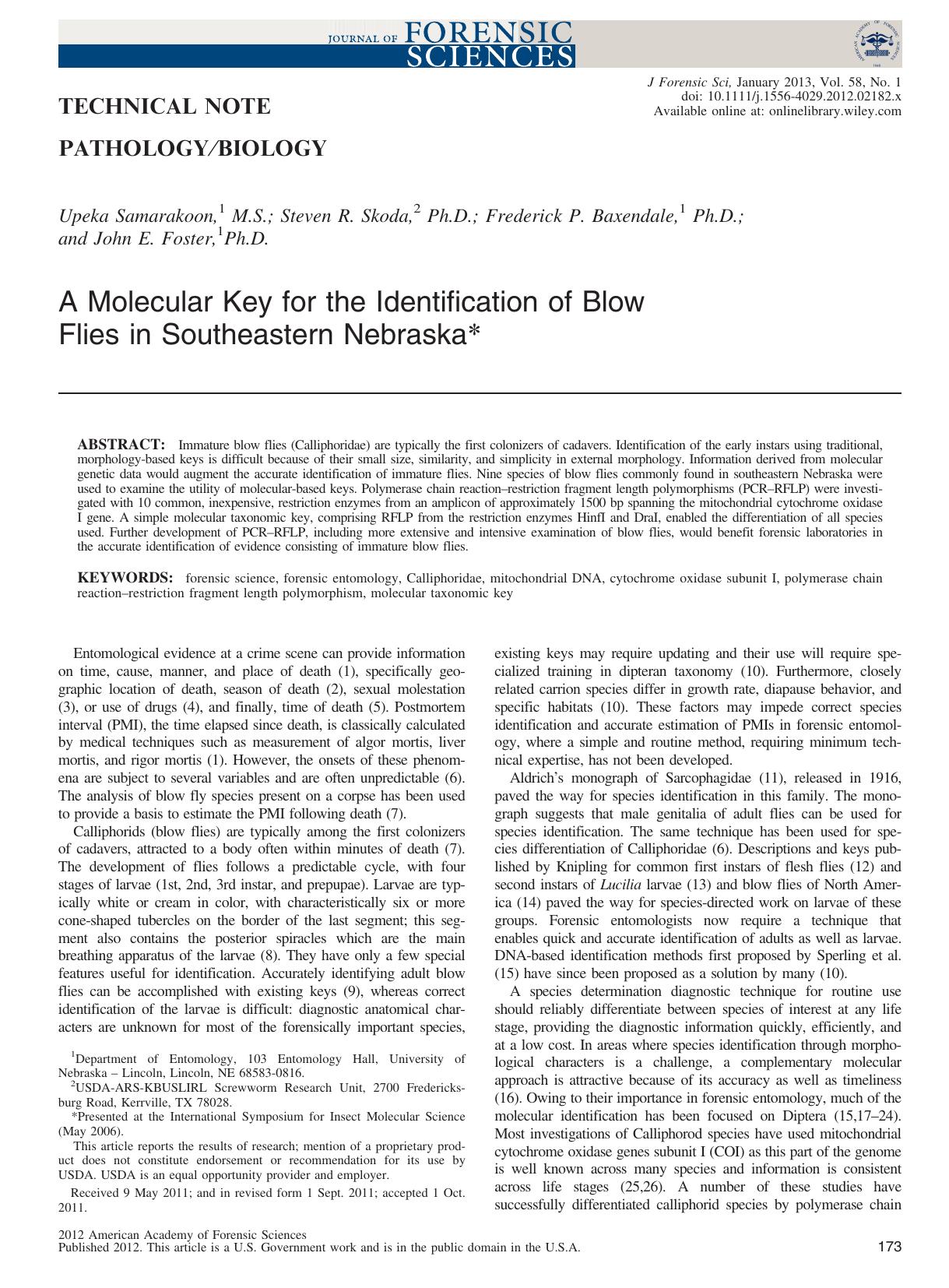 A Molecular Key for the Identification of Blow Flies in Southeastern Nebraska* by Unknown