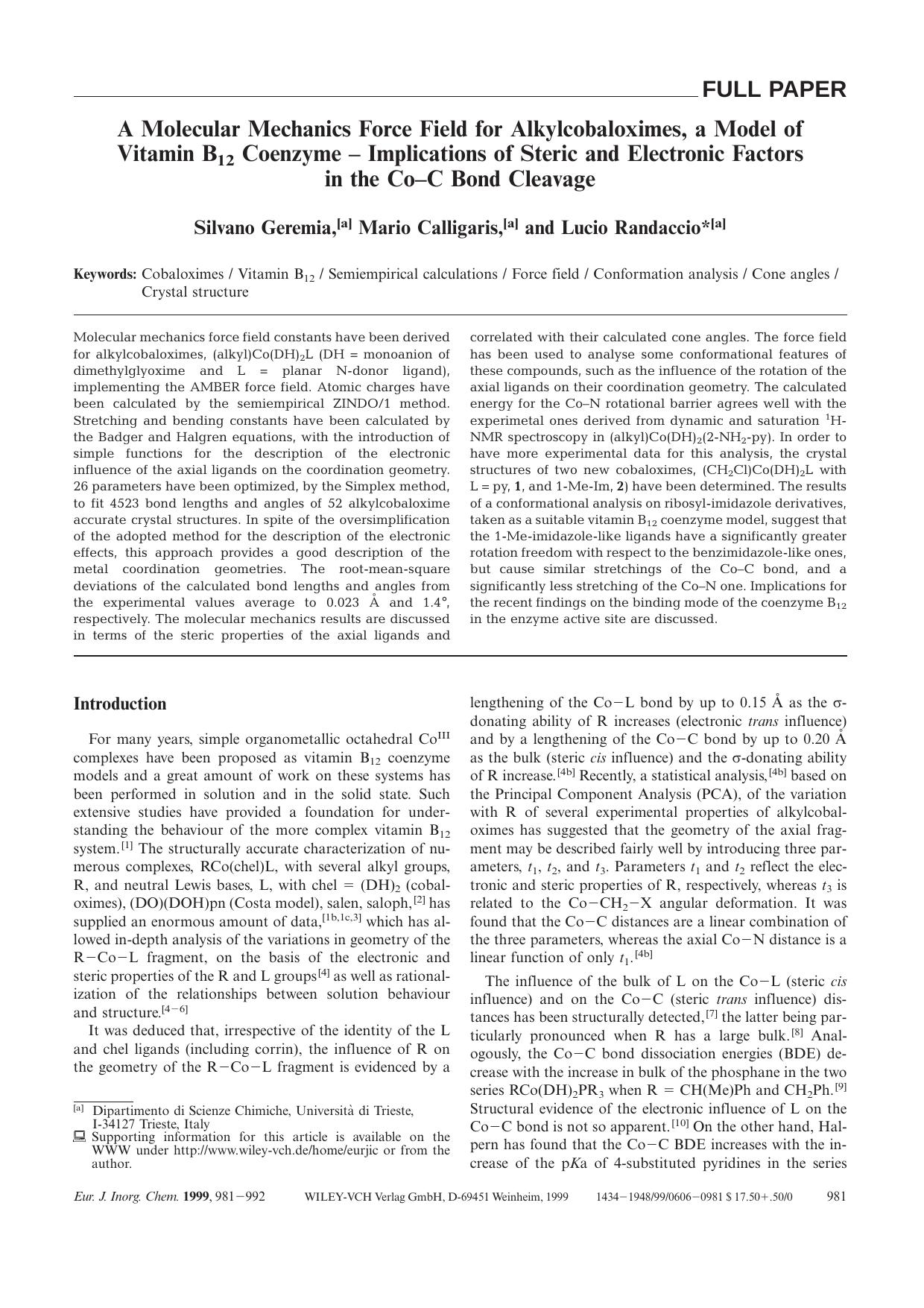 A Molecular Mechanics Force Field for Alkylcobaloximes, a Model of Vitamin B12 Coenzyme - Implications of Steric and Electronic Factors in the Co-C Bond Cleavage by Unknown