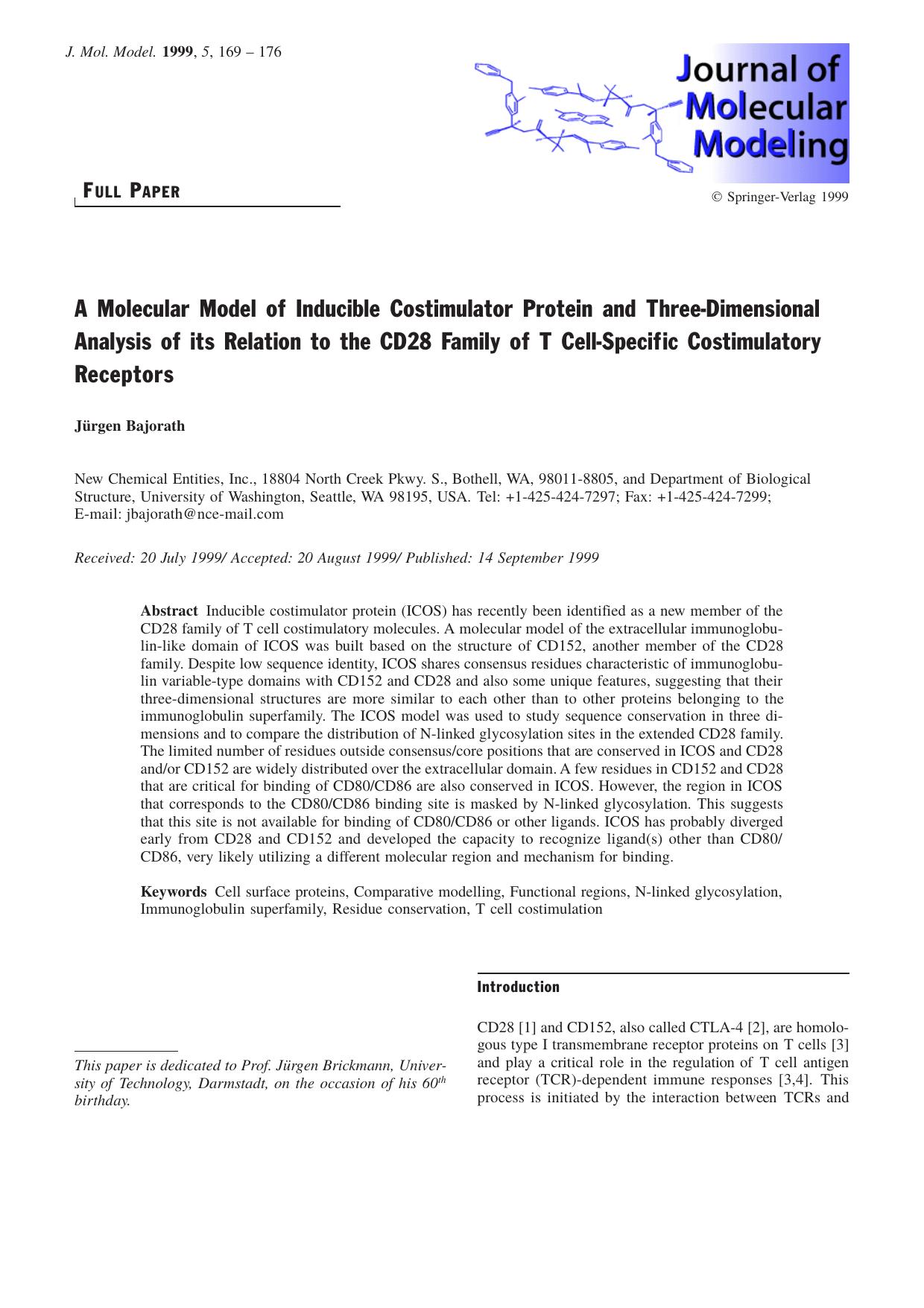 A Molecular Model of Inducible Costimulator Protein and Three-Dimensional Analysis of its Relation to the CD28 Family of T Cell-Specific Costimulatory Receptors by Jürgen Bajorath