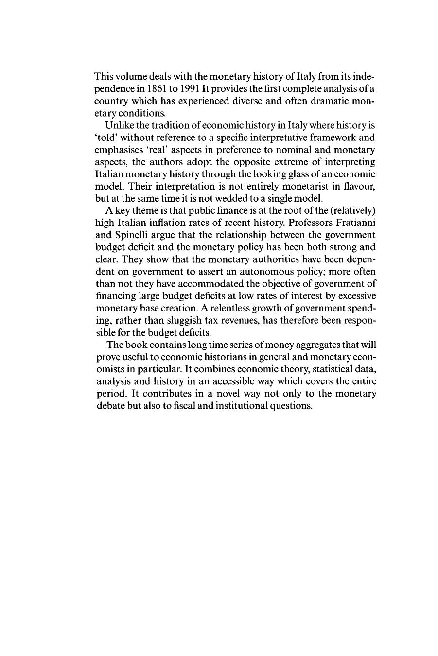 A Monetary History of Italy (Studies in Macroeconomic History) by Michele Fratianni Franco Spinelli