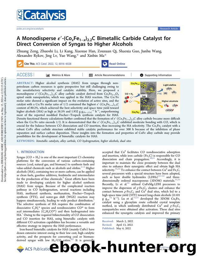 A Monodisperse Îµâ²-(CoxFe1âx)2.2C Bimetallic Carbide Catalyst for Direct Conversion of Syngas to Higher Alcohols by unknow