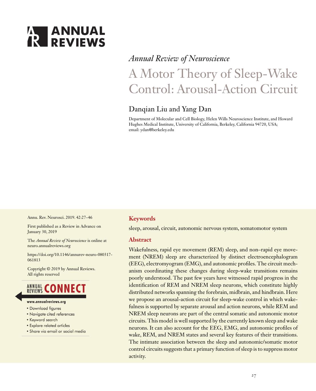 A Motor Theory of Sleep-Wake Control: Arousal-Action Circuit by Danqian Liu and Yang Dan