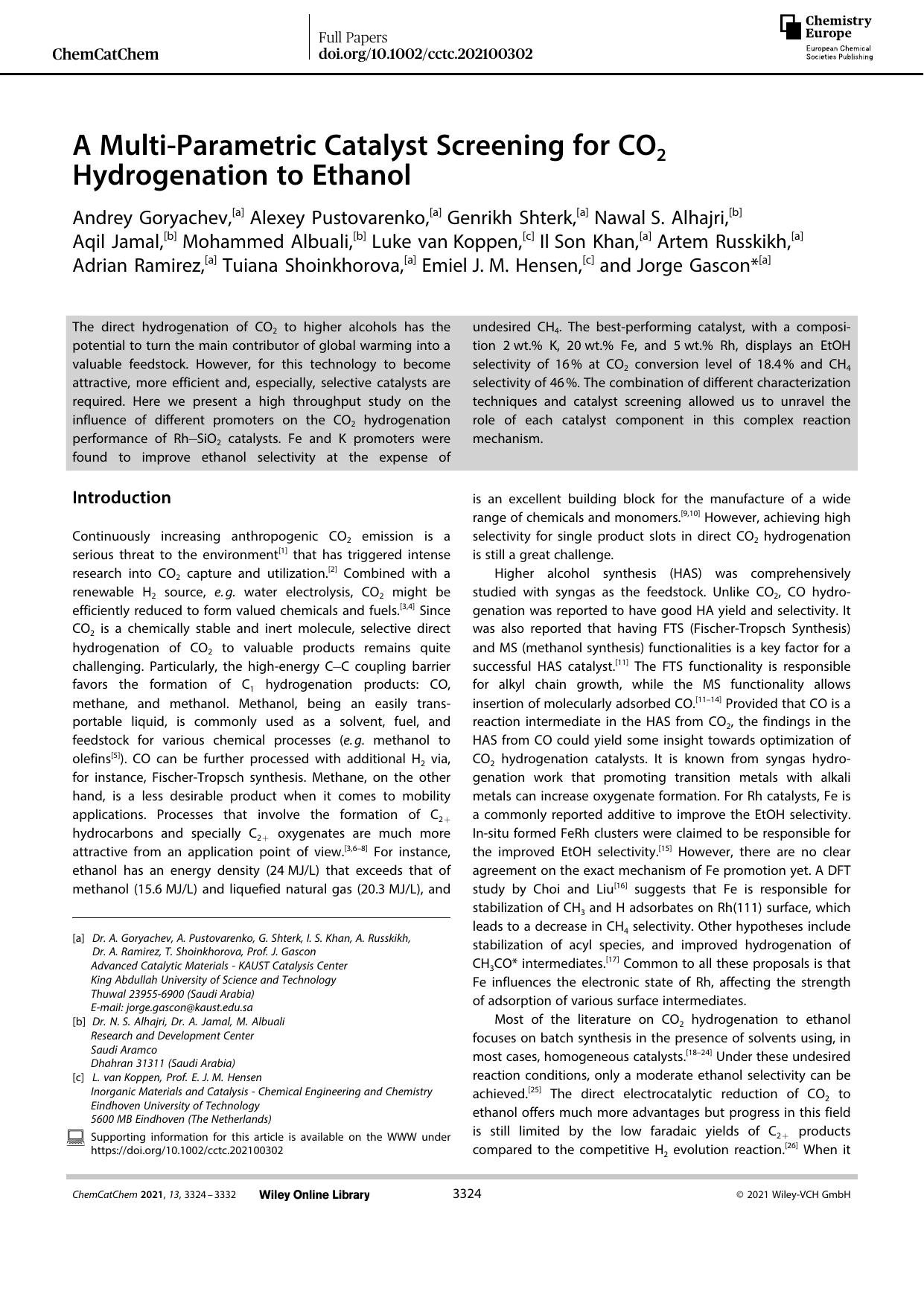 A MultiâParametric Catalyst Screening for CO2 Hydrogenation to Ethanol by Unknown