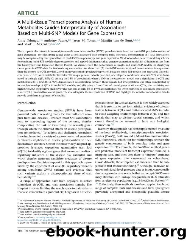 A Multi-tissue Transcriptome Analysis of Human Metabolites Guides Interpretability of Associations Based on Multi-SNP Models for Gene Expression by Anne Ndungu & Anthony Payne & Jason M. Torres & Martijn van de Bunt & Mark I. McCarthy