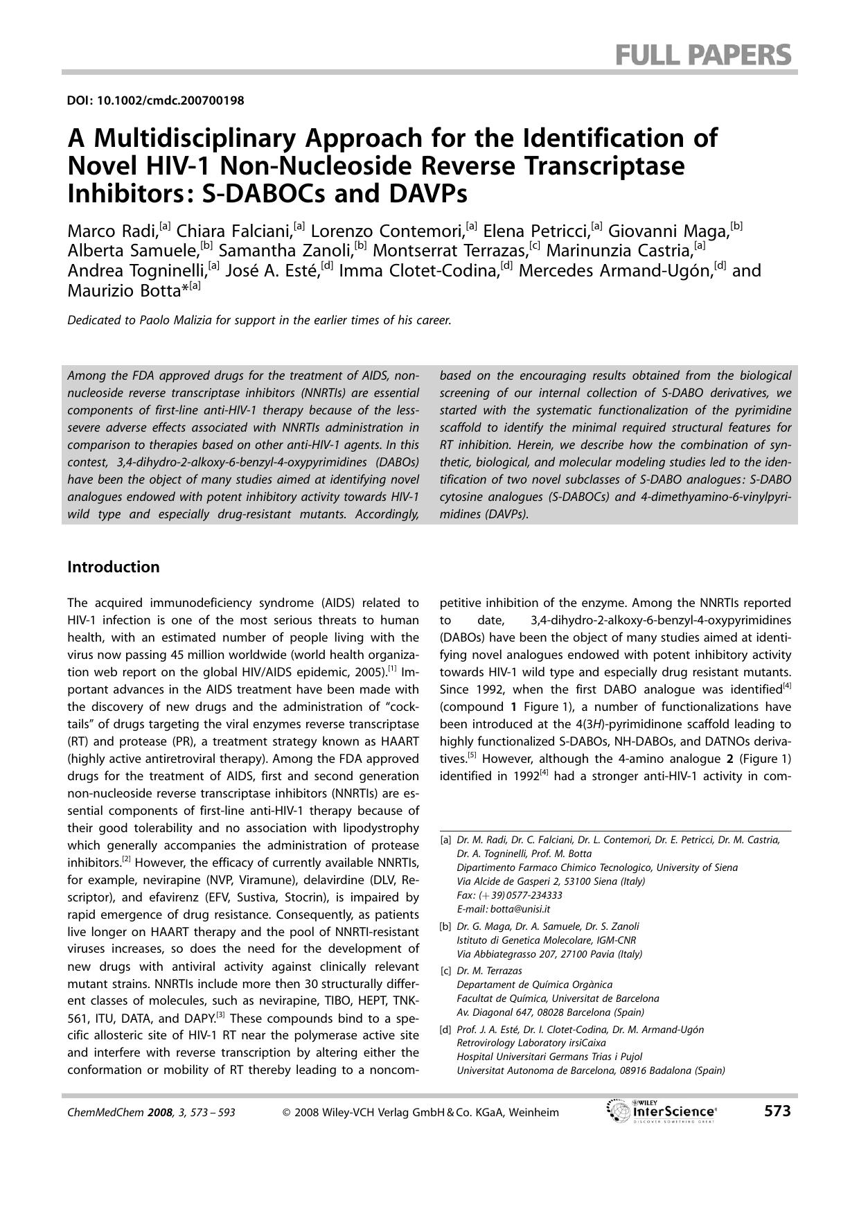 A Multidisciplinary Approach for the Identification of Novel HIV-1 Non-Nucleoside Reverse Transcriptase Inhibitors: S-DABOCs and DAVPs by Unknown