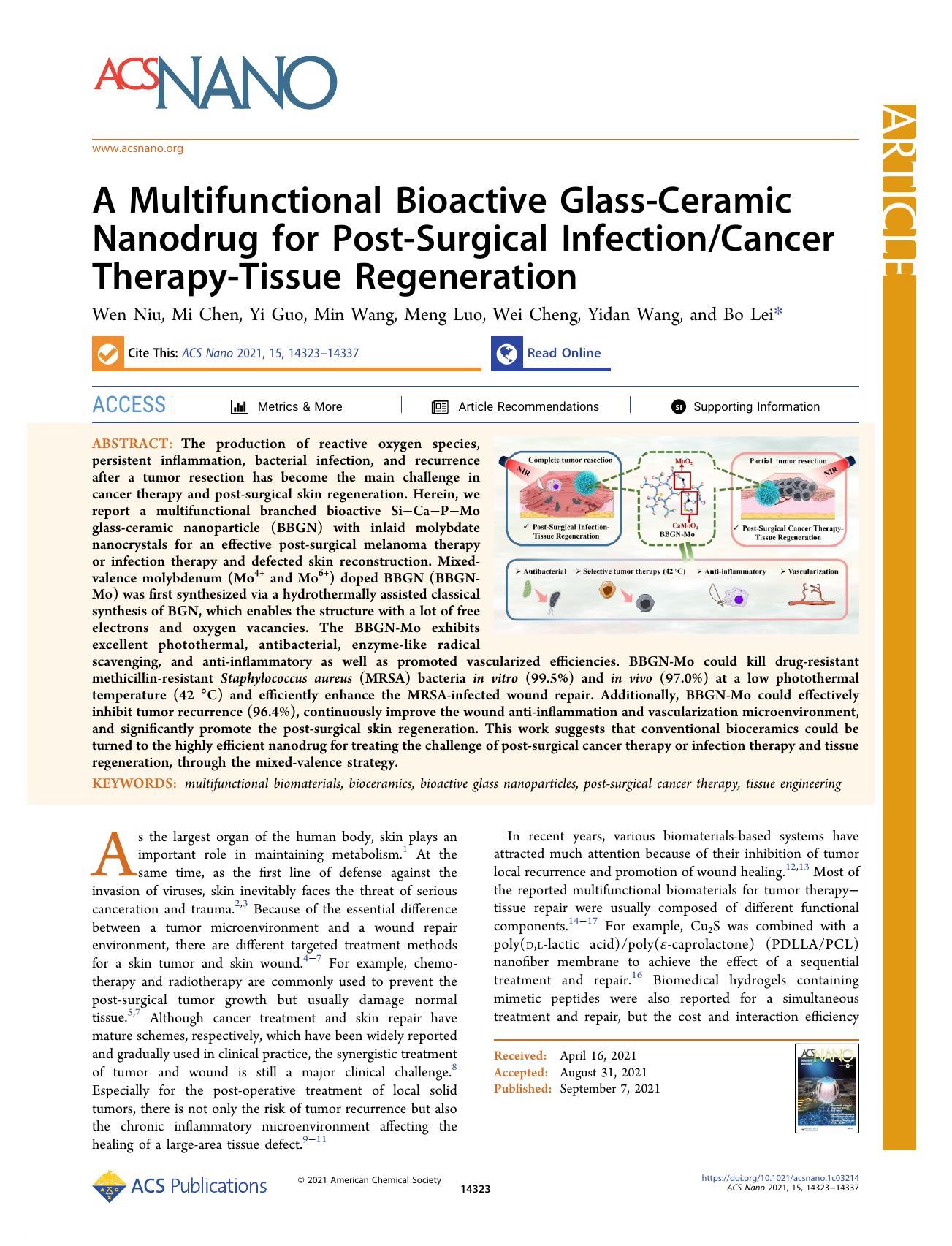 A Multifunctional Bioactive Glass-Ceramic Nanodrug for Post-Surgical InfectionCancer Therapy-Tissue Regeneration by Wen Niu Mi Chen Yi Guo Min Wang Meng Luo Wei Cheng Yidan Wang and Bo Lei