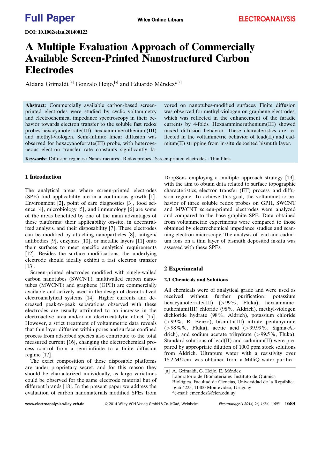 A Multiple Evaluation Approach of Commercially Available ScreenPrinted Nanostructured Carbon Electrodes by Unknown