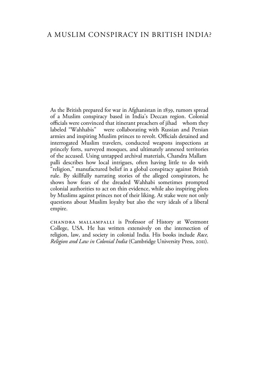 A Muslim Conspiracy in British India? Politics and Paranoia in the Early Nineteenth-Century Deccan by Chandra Mallampalli
