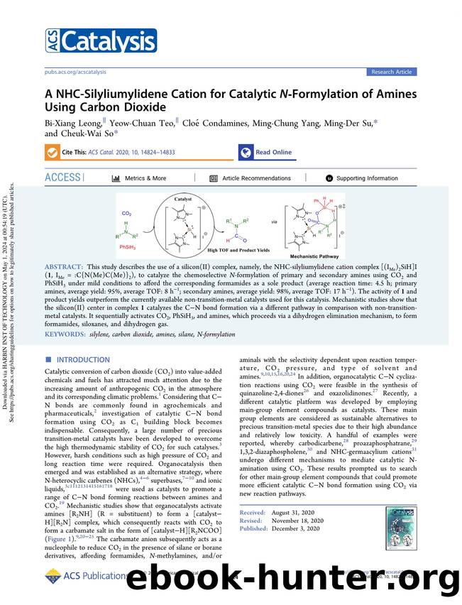 A NHC-Silyliumylidene Cation for Catalytic N-Formylation of Amines Using Carbon Dioxide by Bi-Xiang Leong Yeow-Chuan Teo Cloé Condamines Ming-Chung Yang Ming-Der Su & Cheuk-Wai So