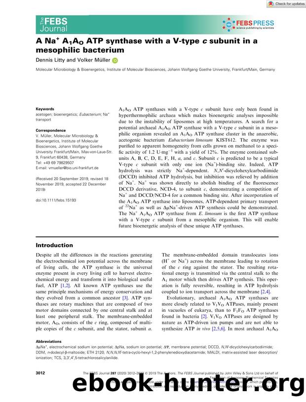 A Na+ A1AO ATP synthase with a Vâtype c subunit in a mesophilic bacterium by Unknown