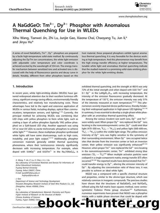 A NaGdGeO: Tm3+, Dy3+ Phosphor with Anomalous Thermal Quenching for Use in WLEDs by Xihu Wang & Tianwei Jin & Zhi Lu & Junjie Gao & Xiaona Chai & Chaoyang Tu & Jun li & Jinyu Hu