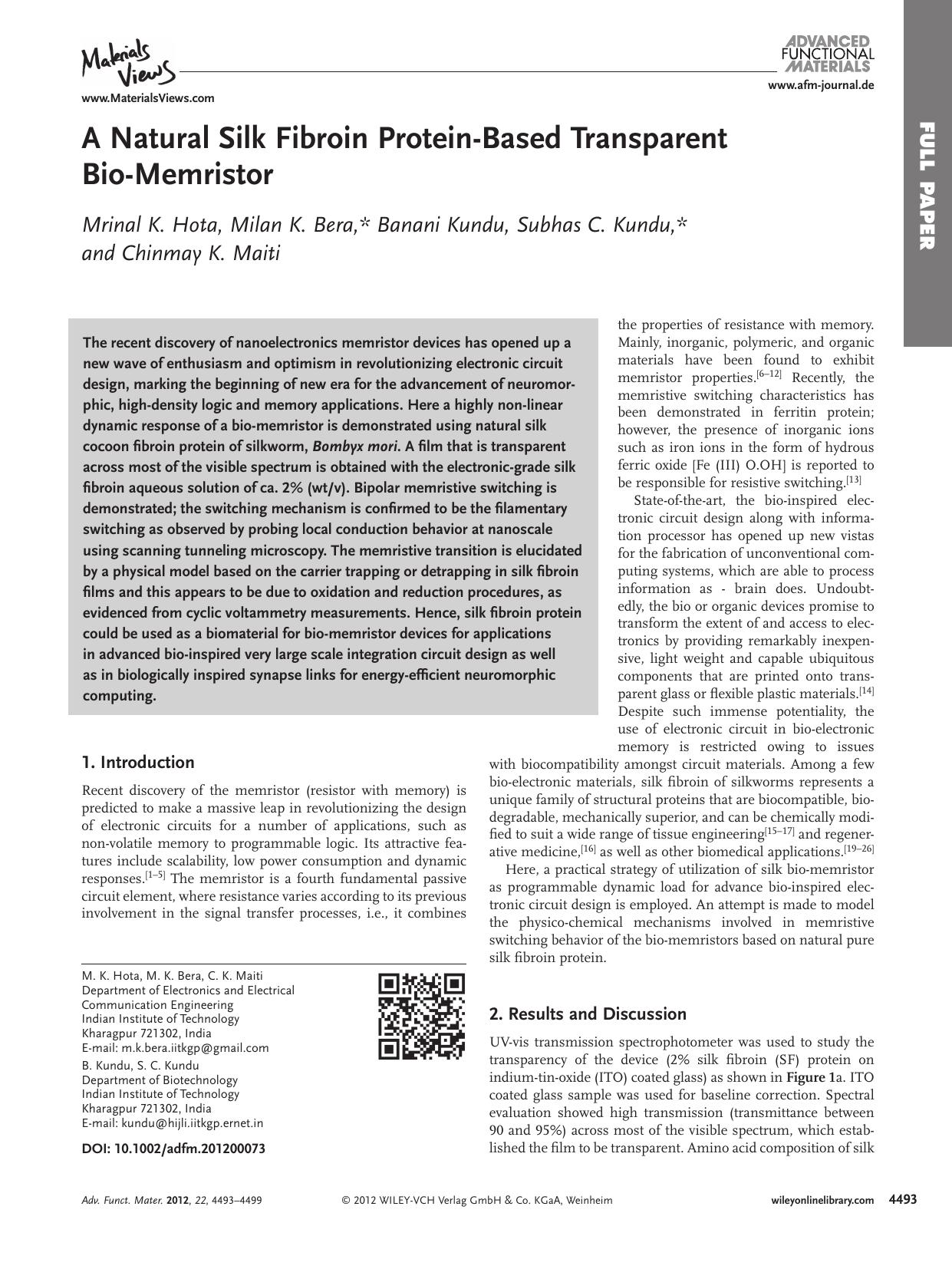 A Natural Silk Fibroin ProteinBased Transparent BioMemristor by vng